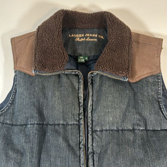 Lauren Jeans Co Ralph Lauren Vest Womens Medium Blue Denim Suede Fleece Puffer - Picture 7 of 13